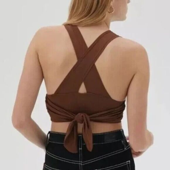 Urban Outfitters OB1280565 Women's Sz M Brown Satin Plunging Tie Back Crop Top - Picture 6 of 6